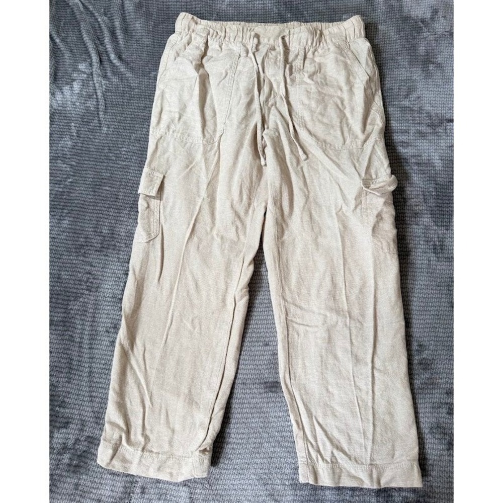 Gap Easy Pant Mens M Beige Linen Blend Cargo Drawstring Elastic Waistband 30X24